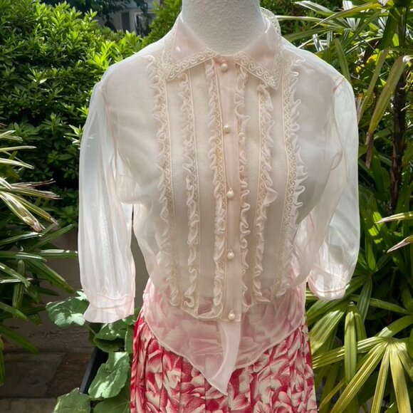 Vintage Cacharel of Paris Ensemble - Tunic & Pleated Skirt Set  - Rose Motif - Picture 9 of 13
